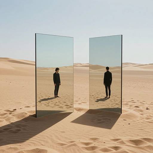 Digital artwork of two silhouetted men in suits, standing behind glass panels in a sunlit desert with sand dunes.