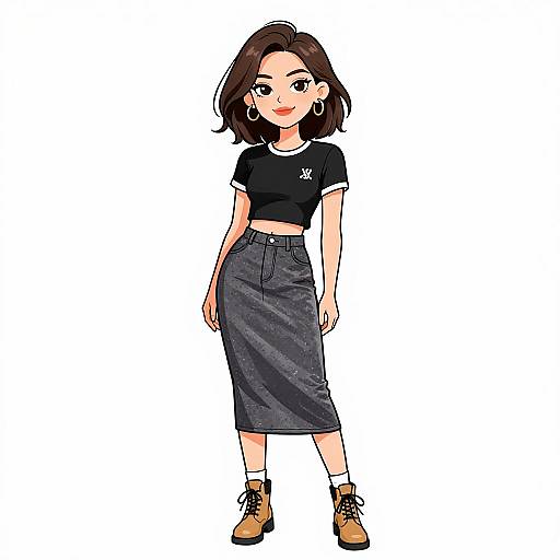 Digital illustration of a smiling young woman with short brown hair, wearing a black crop top, high-waisted gray skirt, white socks, and brown