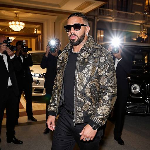 Photograph of a bearded man with dark skin, wearing black sunglasses, an ornate gold-patterned jacket, and black shirt, surrounded by photographers
