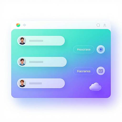 Digital screenshot of a messaging app with a gradient blue-green background, three chat bubbles, two user avatars, 