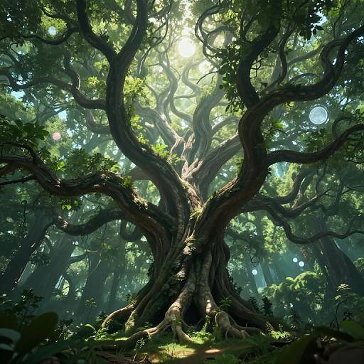Photorealistic digital art of a massive, ancient tree with twisting branches, bathed in sunlight filtering through dense, green forest canopy.