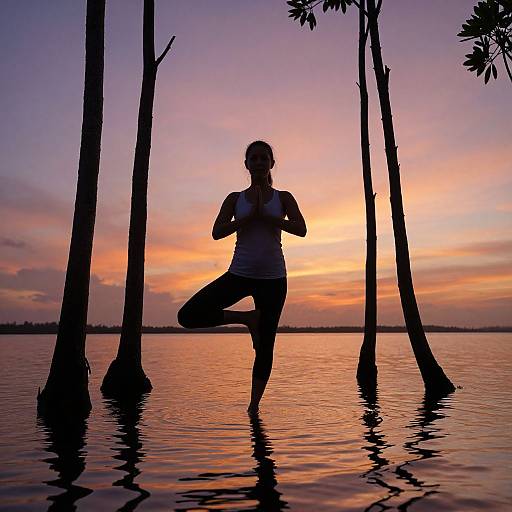 Silhouetted woman in yoga pose, standing on water at sunset, surrounded by tall trees, with a vibrant purple-orange sky.