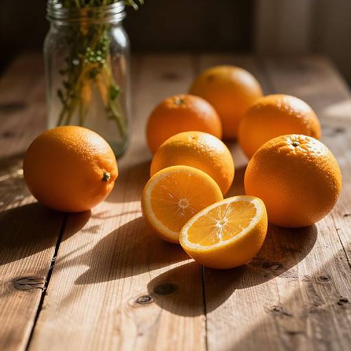 Photograph of bright orange oranges, one halved, on a sunlit wooden table with a glass jar of herbs in the background.