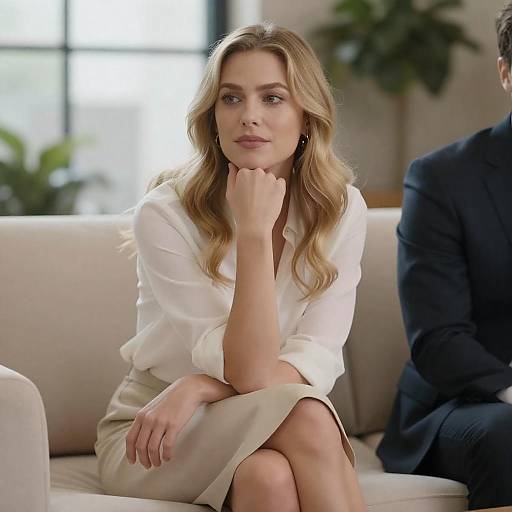 Elegant Woman in Beige Living Room