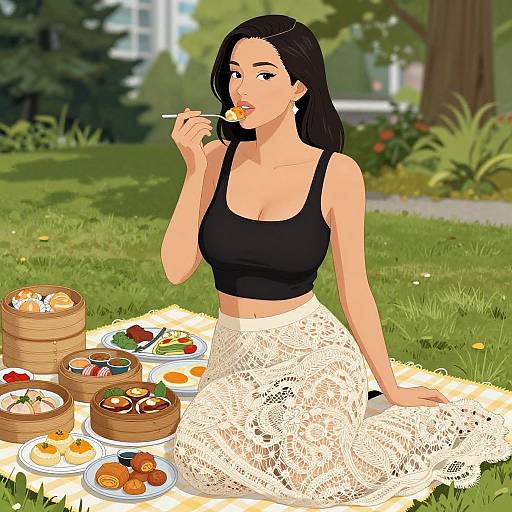 Digital illustration of an Asian woman with long black hair, wearing a black crop top and white lace skirt, eating a lollipop while sitting on a picnic