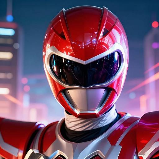 CGI image of a red, glossy Kamen Rider helmet with a black visor, set against a blurred neon city night background.