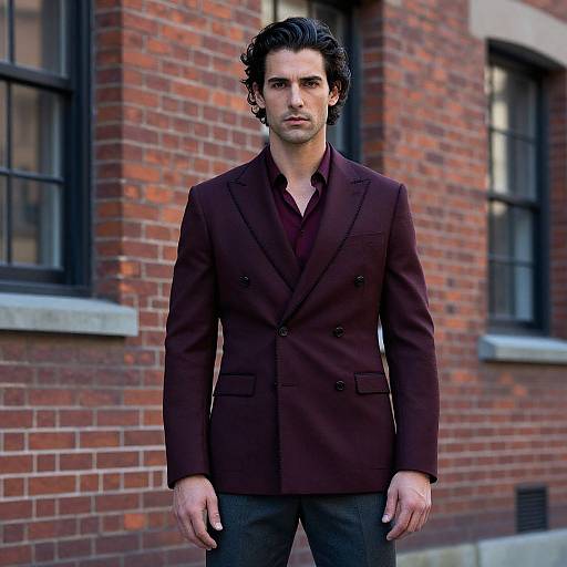 Photograph of a handsome man with curly dark hair, wearing a dark brown double-breasted blazer and black shirt, standing in front of a red