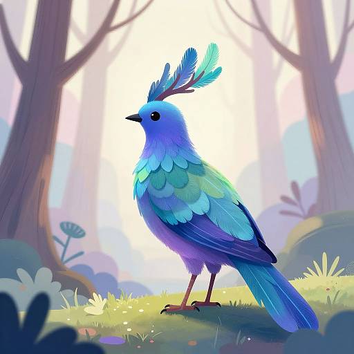 Digital illustration of a colorful, blue-green bird with a blue crest standing on grass in a sunlit forest. Vibrant, whimsical style.