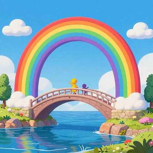 Digital illustration of a colorful rainbow arching over a small stone bridge, with two characters, a yellow one and a purple one, standing on it,