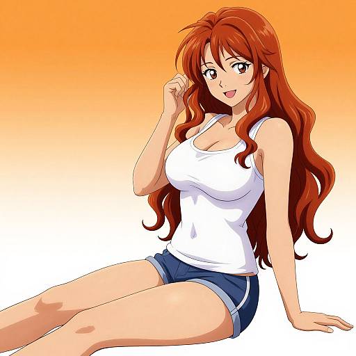 Digital anime-style drawing of a red-haired woman with large breasts, wearing a white tank top and blue shorts, smiling against an orange-to-white gradient background