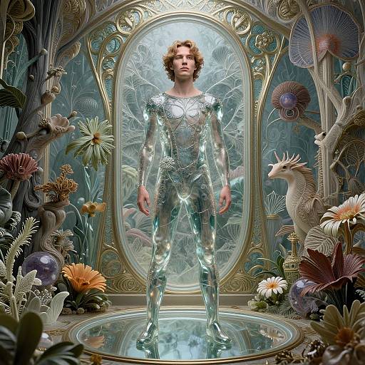 Photorealistic CGI: Man with curly hair in shiny, silver, reflective bodysuit stands in ornate, glass-encased floral and insect