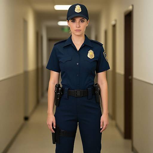 Photograph of a serious, young female police officer in a dark blue uniform, cap, and tactical gear standing in a long, dimly lit hallway
