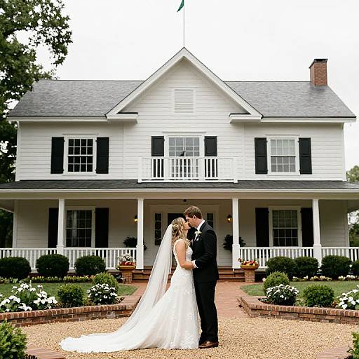 Photograph of a bride in a white lace dress and veil, kissing a groom in a black suit, standing in front of a white two-story colonial