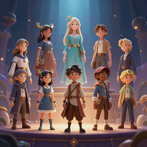 CGI illustration of a diverse group of children with medieval and fantasy attire, standing on a glowing circular stage, with a blonde princess in a blue dress