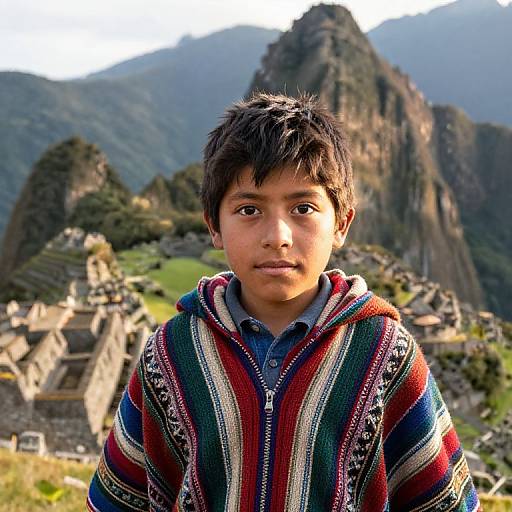Photograph of a young boy with short black hair, wearing a colorful striped sweater, standing in front of Machu Picchu ruins. Background features lush