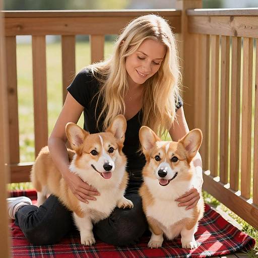 Blonde Woman with Corgis on Blanket