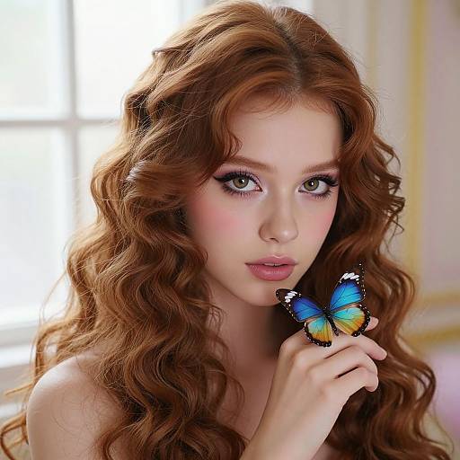 Photograph of a fair-skinned, red-haired woman with curly hair, holding a blue-orange butterfly near her face, soft light background.