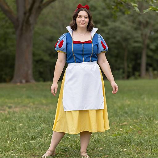 Photograph of a fair-skinned woman with dark hair, wearing a Snow White costume with blue top, yellow skirt, white apron, red bow