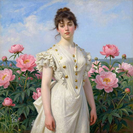 Photorealistic painting of a fair-skinned woman with dark hair, wearing a white dress with gold buttons, surrounded by pink peonies.