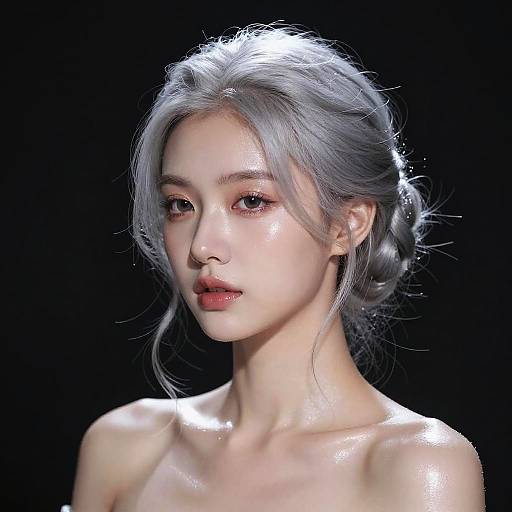 Digital CGI portrait of an ethereal, fair-skinned young woman with silver hair, glossy skin, and red lips, set against a black background.