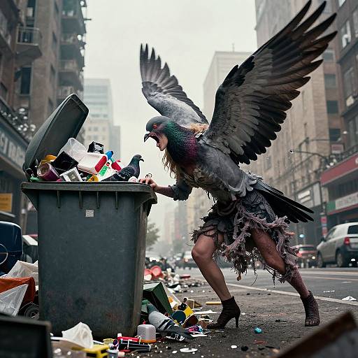 Photograph: Urban street scene with a humanoid bird creature, gray feathers, tattered clothes, high heels, rummaging through a trash bin amidst