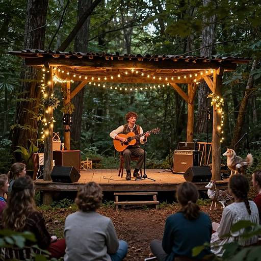 Photograph of a male musician with curly hair, playing an acoustic guitar on a wooden stage in a forest, lit by string lights, with a small