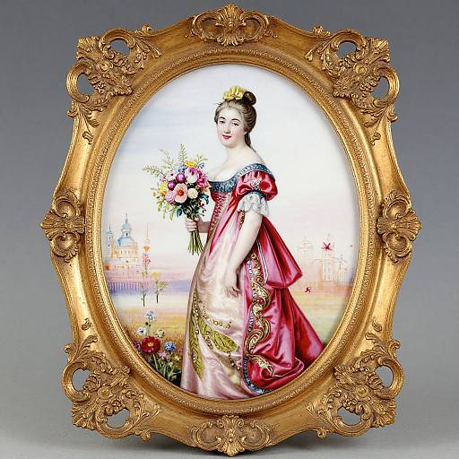 Ornate gold-framed oval portrait of a fair-skinned, red-haired woman in a pink, embroidered gown holding a flower bouquet, with a