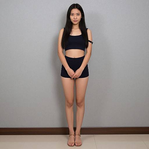 Photograph of an Asian woman with long black hair, wearing a black sports bra and shorts, standing against a plain gray wall. She has a neutral