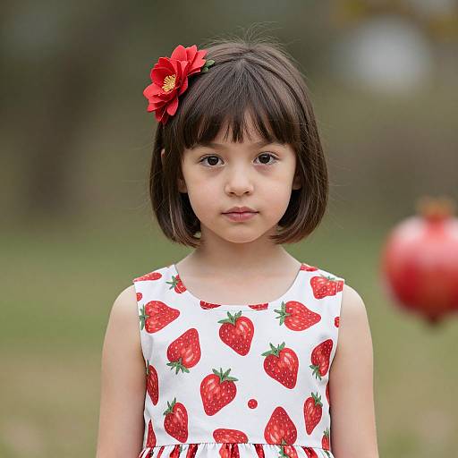 Photograph of a young Asian girl with straight black hair, wearing a white strawberry-patterned dress and red flower hairclip, standing outdoors with a blurred