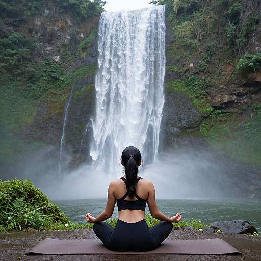 Serene Woman Meditating by Waterfall