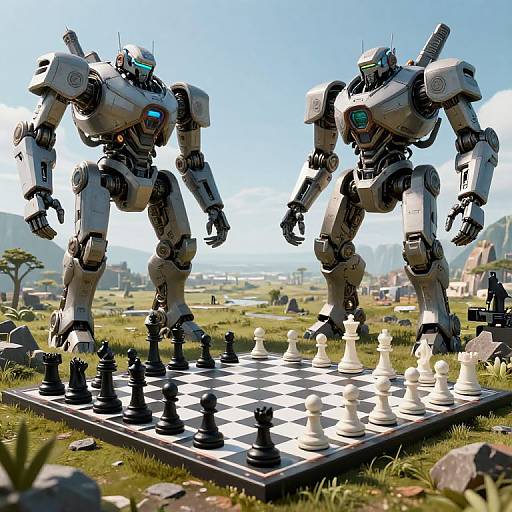 Photorealistic CGI: Two white and black robotic mechs play chess on a grassy field with mountains and houses in the background.