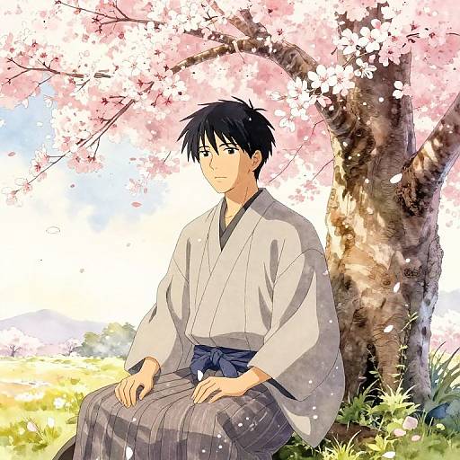 Anime-style digital drawing of a young man with black hair, wearing a white kimono and gray hakama, sitting under a cherry blossom tree with pink