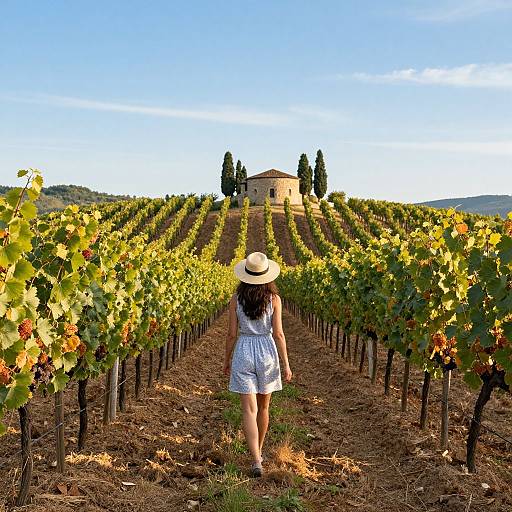 Photograph of a woman in a white sundress and straw hat walking through a vineyard with rows of grapevines leading to a distant farmhouse under