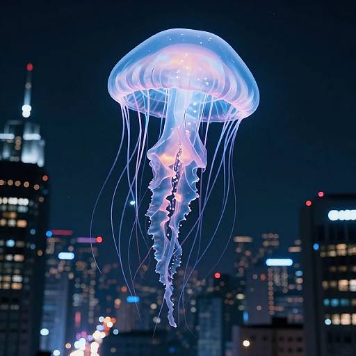 Photograph of a glowing blue and white jellyfish floating above a cityscape at night, with illuminated skyscrapers in the background.