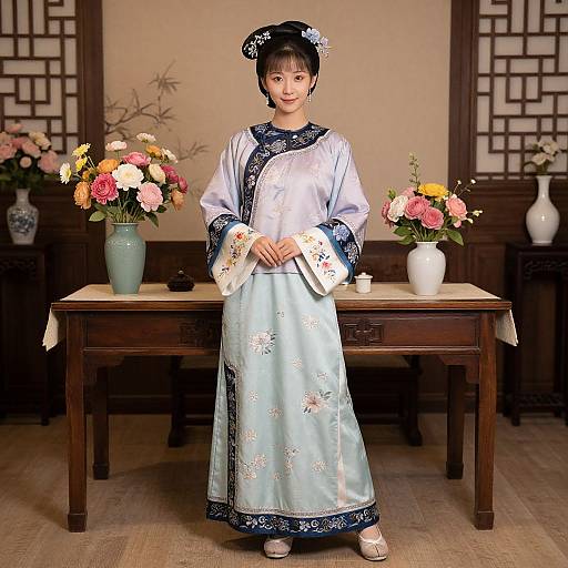 Photograph of an Asian woman in traditional Qing dynasty-style blue silk dress with black floral embroidery, standing in front of a wooden table with floral vases