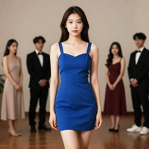 Photograph of an Asian woman in a tight, blue, sleeveless dress walking a runway, with four blurred, formally dressed individuals in the background.