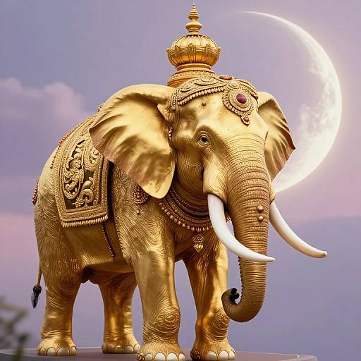 Golden ornate elephant statue with white tusks, decorated with jewelry, standing against a twilight sky with a crescent moon. Photorealistic CGI.