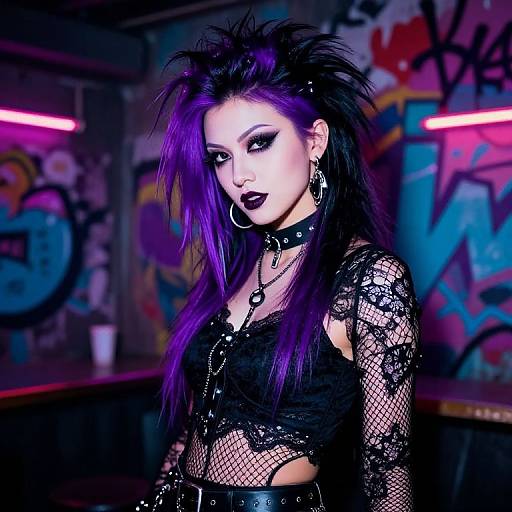 Gothic woman with purple hair, black lace top, fishnet sleeves, choker, hoop earrings, dark lipstick, in vibrant, graffiti-l