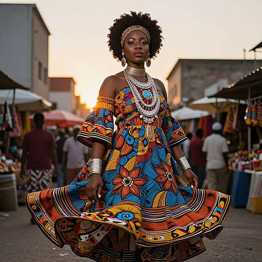 Photograph of an African woman with dark skin and curly hair, wearing a colorful, patterned dress and silver jewelry, standing in a bustling outdoor market