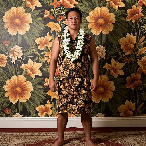 Photograph of a man with short black hair, wearing a black floral-patterned dress, white flower lei, standing in front of large orange flower wallpaper