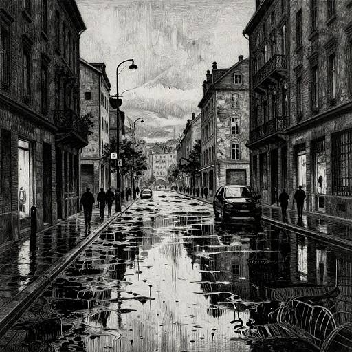 Black and white city street with reflections