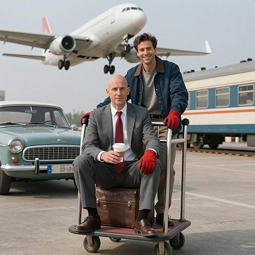 Men Relaxing on a Luggage Cart