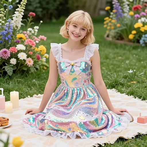 Blonde girl with short hair, wearing a sparkling multicolor dress with white frills, smiles while sitting on a white blanket in a vibrant garden with