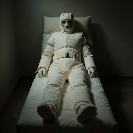 Photograph of a white astronaut suit with a helmet, lying on a white pillow in a dark room, illuminated from above.