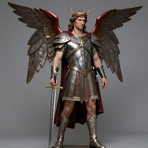 Photograph of a muscular, fair-skinned man with long brown hair, wearing ancient Greek-style armor, black feathered wings, and a golden crown