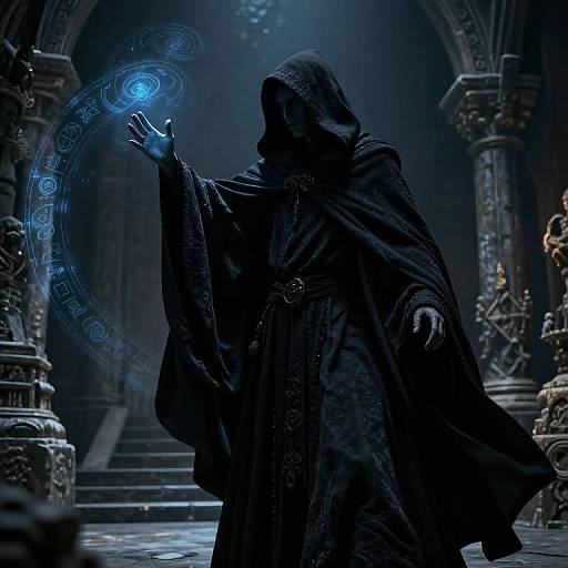 Mysterious dark-robed figure casting blue magical spell in dimly lit, gothic cathedral with intricate stone columns and foggy atmosphere.