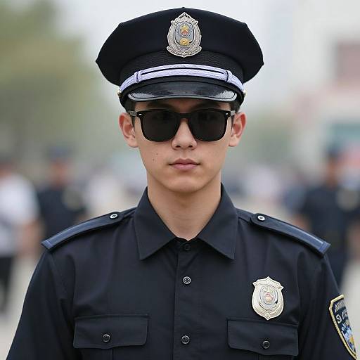 Photograph of a young male police officer with fair skin, wearing a black uniform, cap, and sunglasses, standing outdoors with a blurred background of other