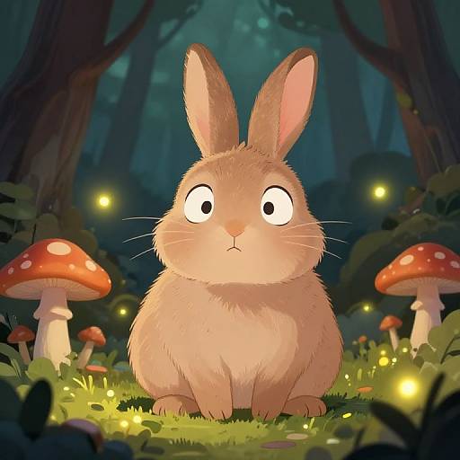 Digital illustration of a cute, wide-eyed, brown bunny sitting in a dark forest with glowing fireflies and red mushrooms.
