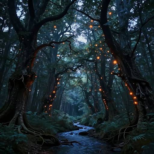 Photograph of a dark, enchanted forest with a winding path, illuminated by orange fairy lights draped on twisted, shadowy trees.