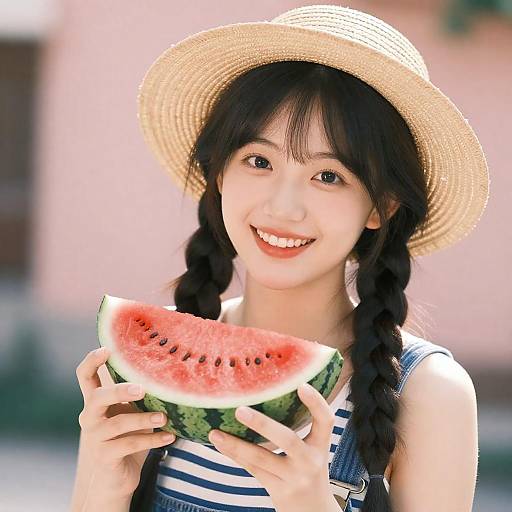 Sunlit Korean Girl with Watermelon